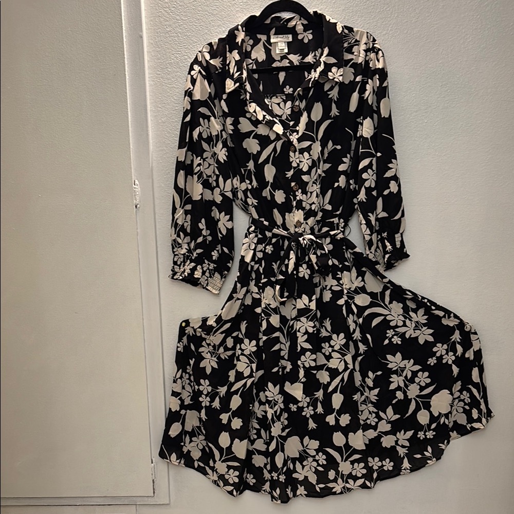 Black and Cream Wrap Sundress with Bishop Sleeves